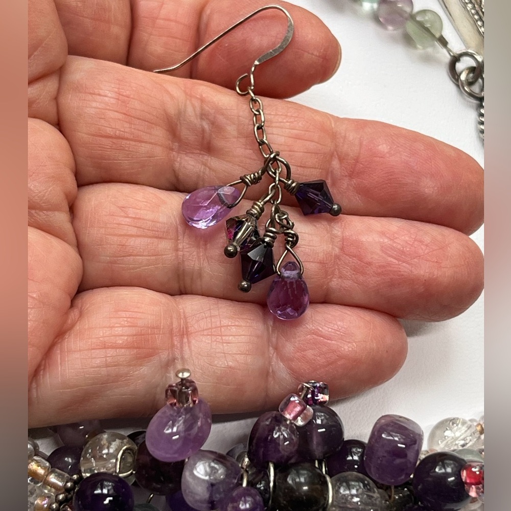 925 Sterling & Amethyst & Semi-Precious Beaded Necklace & Dangle Earrings - Picture 3 of 11
